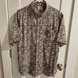 Faherty Breeze Button-Down Hemp Camp Shirt Brown & Yellow Floral - Size Large